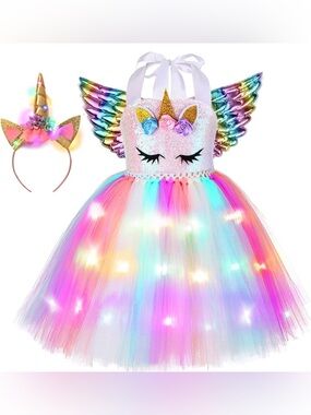 Rainbow Unicorn LED Light-Up Tulle Costume Dress & Light up Tiara & Wings